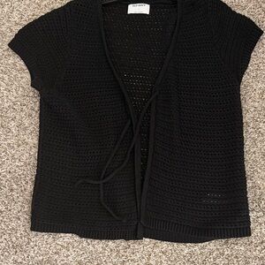 Old Navy Black Open-Knit Short Sleeve Cardigan with Tie Front